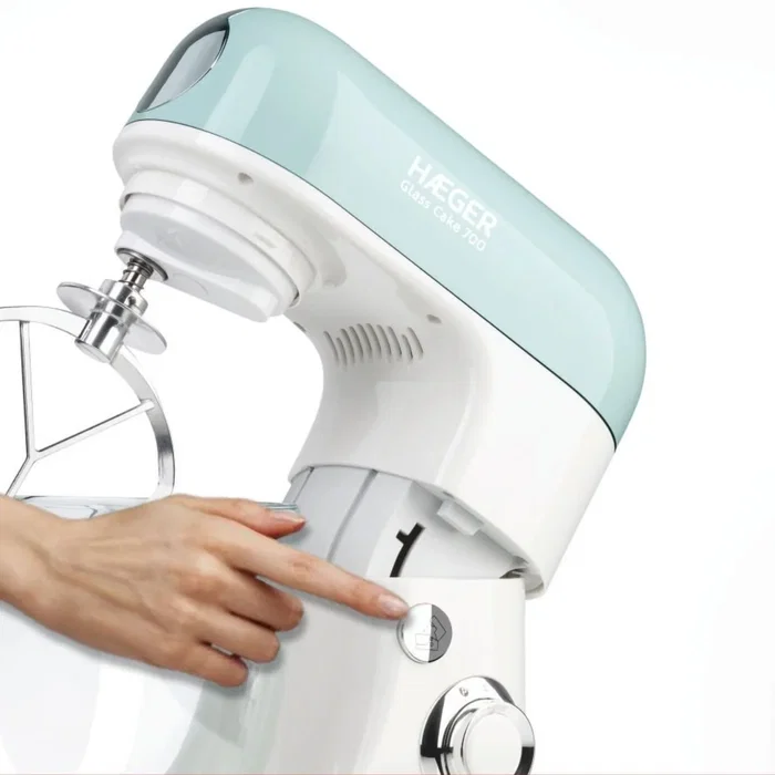 Haeger Glass Cake 700 Batidora de varillas con Bol de Vidrio 5L, 700W, Planetaria, Color Aguamarina y Blanco