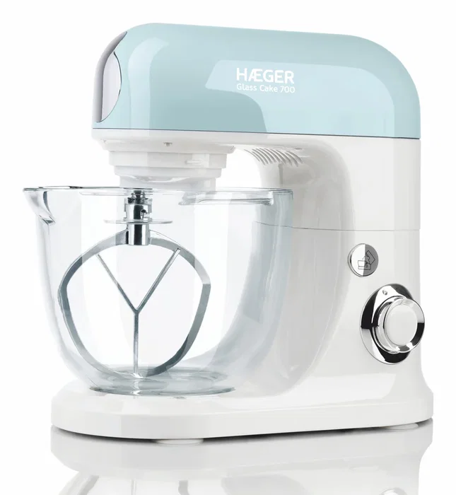 Haeger Glass Cake 700 Batidora de varillas con Bol de Vidrio 5L, 700W, Planetaria, Color Aguamarina y Blanco