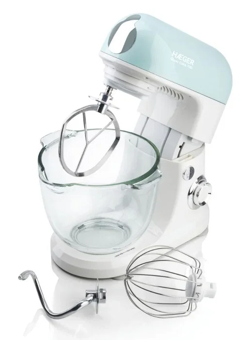 Haeger Glass Cake 700 Batidora de varillas con Bol de Vidrio 5L, 700W, Planetaria, Color Aguamarina y Blanco