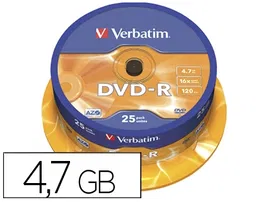 Verbatim DVD-R Capacidad 4.7GB Velocidad 16x 120 Min Tarrina de 25 Unidades