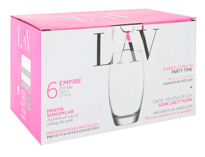 Lav Set de 6 Vasos de Vidrio Empire 510 ml (8x8x15 cm por vaso) - Conjunto para Bebida (8 Cajas)