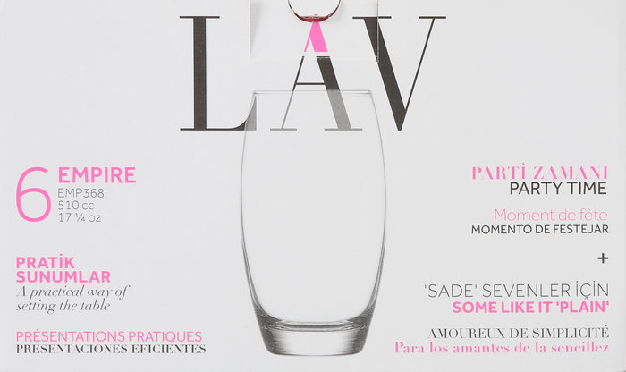 Lav Set de 6 Vasos de Vidrio Empire 510 ml (8x8x15 cm por vaso) - Conjunto para Bebida (8 Cajas)