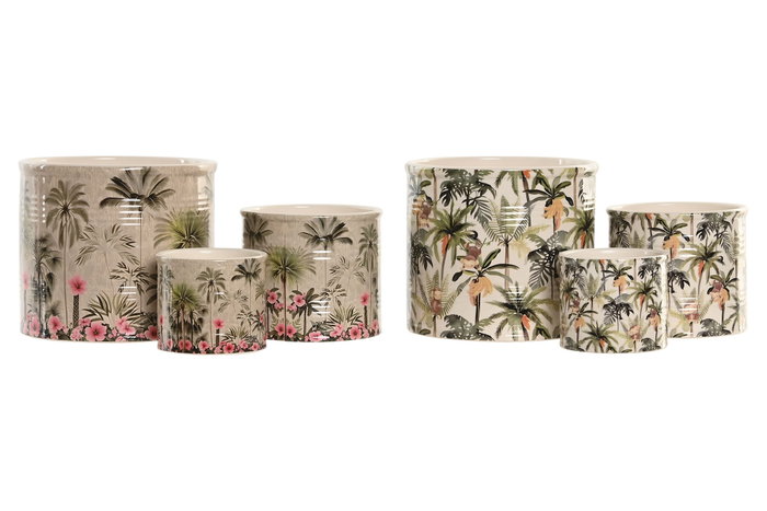 DKD Home Decor Macetero Tropical Verde Multicolor Cerámica 13.6 x 11.8 x 13.6 cm Set de 3