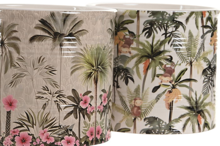 DKD Home Decor Macetero Tropical Verde Multicolor Cerámica 13.6 x 11.8 x 13.6 cm Set de 3