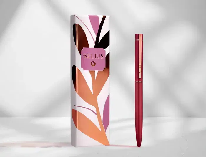 Belius Boligrafo Rose Aluminio Color Burdeos / Oro Rosa Tinta Azul Caja de Diseño 1 mm