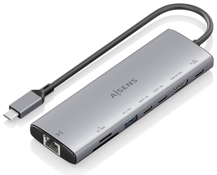 AISENS USB-C Dock 8 en 1 Gris con HDMI 4K y RJ45
