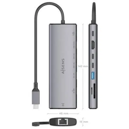 Aisens ASUC-8P033-GR Dock USB-C 8 en 1 con HDMI 4K 60Hz, USB-A 10Gbps, 2xUSB-C 10Gbps, SD/MicroSD y USB-C PD 100W Gris