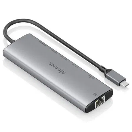 Aisens ASUC-8P033-GR Dock USB-C 8 en 1 con HDMI 4K 60Hz, USB-A 10Gbps, 2xUSB-C 10Gbps, SD/MicroSD y USB-C PD 100W Gris