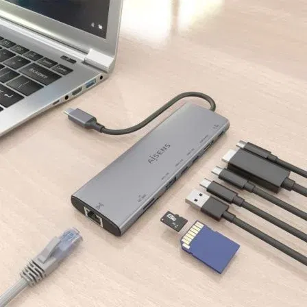 Aisens ASUC-8P033-GR Dock USB-C 8 en 1 con HDMI 4K 60Hz, USB-A 10Gbps, 2xUSB-C 10Gbps, SD/MicroSD y USB-C PD 100W Gris