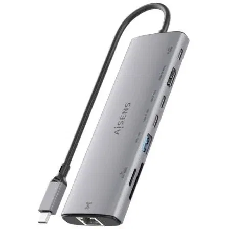 Aisens ASUC-8P033-GR Dock USB-C 8 en 1 con HDMI 4K 60Hz, USB-A 10Gbps, 2xUSB-C 10Gbps, SD/MicroSD y USB-C PD 100W Gris