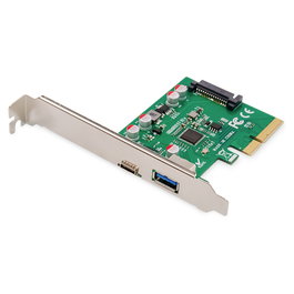 Digitus Tarjeta PCIe USB Tipo-C y Tipo-A, USB 3.2 Gen 2 (10 Gbit/s), PCIe 2.0 x1, Factor Full-height/Low-profile, Conexión Alimentación SATA 15 pines, Compatible Windows/Linux