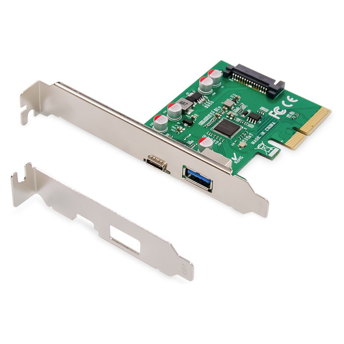 Digitus Tarjeta PCIe USB Tipo-C y Tipo-A, USB 3.2 Gen 2 (10 Gbit/s), PCIe 2.0 x1, Factor Full-height/Low-profile, Conexión Alimentación SATA 15 pines, Compatible Windows/Linux