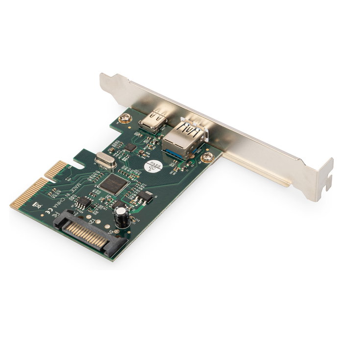 Digitus Tarjeta PCIe USB Tipo-C y Tipo-A, USB 3.2 Gen 2 (10 Gbit/s), PCIe 2.0 x1, Factor Full-height/Low-profile, Conexión Alimentación SATA 15 pines, Compatible Windows/Linux