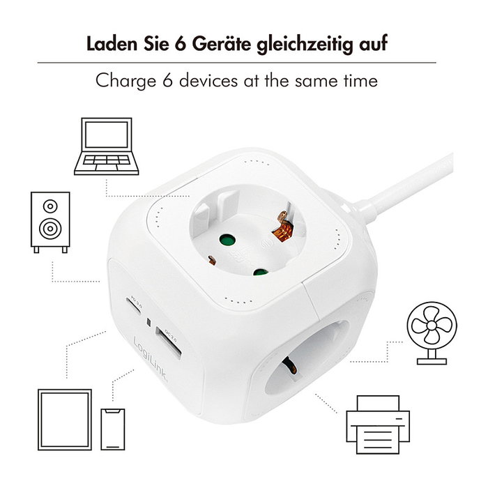 LogiLink Regleta tipo cubo con 4 tomas de seguridad y puertos USB-A y USB-C 20W PD
