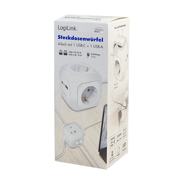 LogiLink Regleta tipo cubo con 4 tomas de seguridad y puertos USB-A y USB-C 20W PD