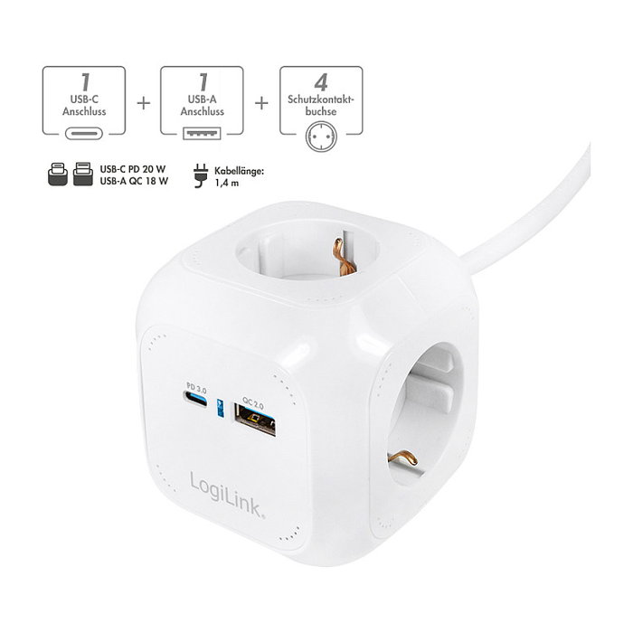 LogiLink Regleta tipo cubo con 4 tomas de seguridad y puertos USB-A y USB-C 20W PD