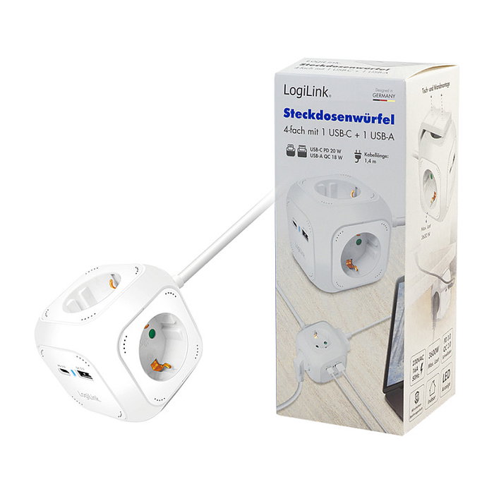 LogiLink Regleta tipo cubo con 4 tomas de seguridad y puertos USB-A y USB-C 20W PD