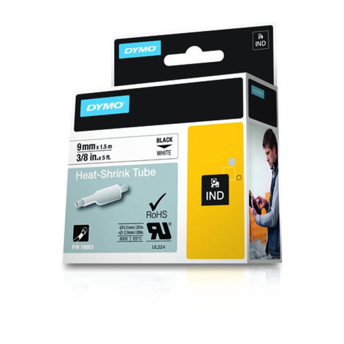 Dymo Rhino Industrial Tubo Termorretráctil ID1-9 Negro sobre Blanco 9mm x 1,5m