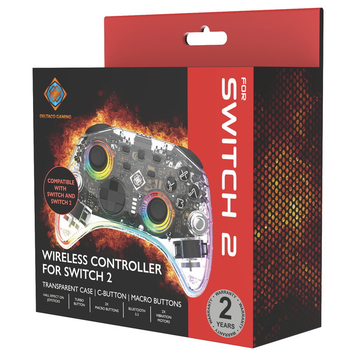Deltaco Gaming GAM-198-T Controller 2 C Taste RGB Wireless Transparent Gamepad para Nintendo Switch, Switch 2, OLED, Android y PC con Bluetooth USB-C
