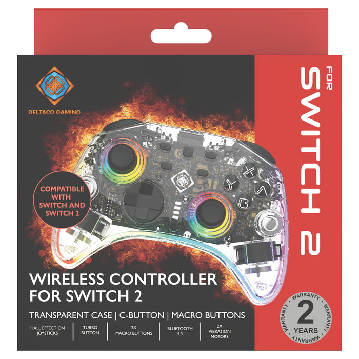 Deltaco Gaming GAM-198-T Controller 2 C Taste RGB Wireless Transparent Gamepad para Nintendo Switch, Switch 2, OLED, Android y PC con Bluetooth USB-C