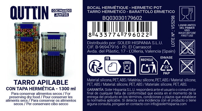 Inde Tarro de Plástico PET Rectangular con Tapa Hermética de 1300 ml / 13.2 x 10.8 x 15 cm - Quttin (12 Unidades)