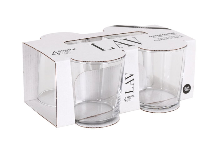 LAV - Set de 4 Vasos Pinta con capacidad de 340C, dimensiones por vaso: 8.3 cm x 8.3 cm x 8.7 cm, peso: 170g cada uno, total 9.8 kg (12 Cajas)