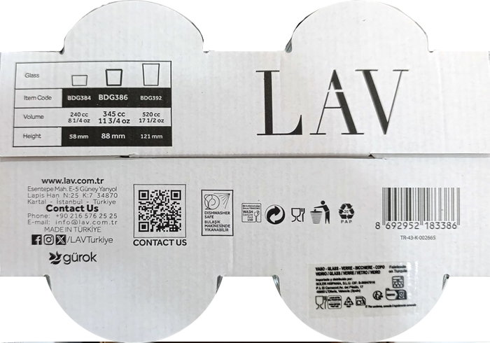 LAV - Set de 4 Vasos Pinta con capacidad de 340C, dimensiones por vaso: 8.3 cm x 8.3 cm x 8.7 cm, peso: 170g cada uno, total 9.8 kg (12 Cajas)