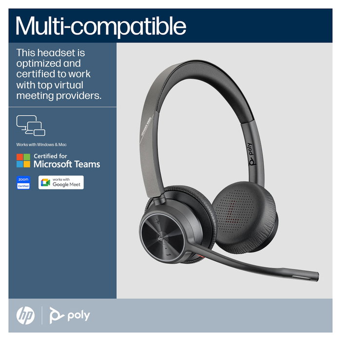 Poly Voyager 4320-M con certificación Microsoft Teams, Adaptador BT700 y Base de Carga - Negro