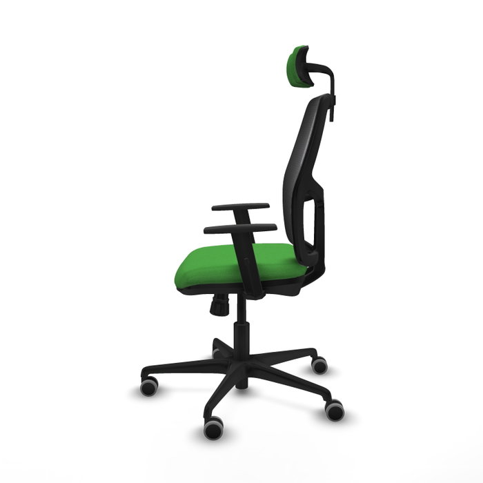Silla de oficina Alfera con mecanismo Sincro tapizada con Tela color Verde y malla color Negro. Equipada con lumbar 1D, Brazos 1D, Cabecero 2D y Ruedas 65 mm parqué