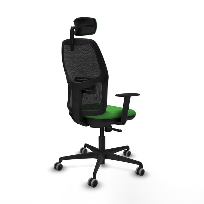 Silla de oficina Alfera con mecanismo Sincro tapizada con Tela color Verde y malla color Negro. Equipada con lumbar 1D, Brazos 1D, Cabecero 2D y Ruedas 65 mm parqué