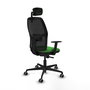 Silla de oficina Alfera con mecanismo Sincro tapizada con Tela color Verde y malla color Negro. Equipada con lumbar 1D, Brazos 1D, Cabecero 2D y Ruedas 65 mm parqué