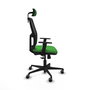 Silla de oficina Alfera con mecanismo Sincro tapizada con Tela color Verde y malla color Negro. Equipada con lumbar 1D, Brazos 1D, Cabecero 2D y Ruedas 65 mm parqué