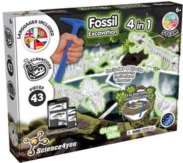 Science for You Juego de Excavaciones 4 en 1 Dinosaurios que Brilla en la Oscuridad, 30x30x6 cm