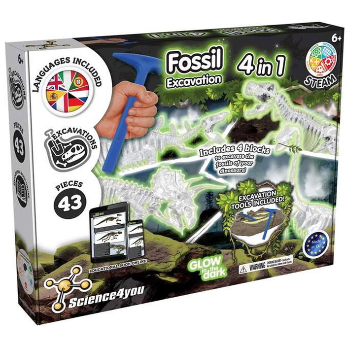 Science for you Juego Excavaciones 4 En 1 Brilla Oscuridad con 4 Dinosaurios