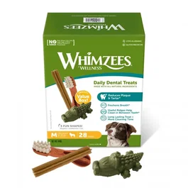 Whimzees Caja Variada de Snacks Dentales para Perros, Tamaño M (12-18 kg), 28 Piezas, Ayuda a Limpiar Dientes y Refrescar el Aliento