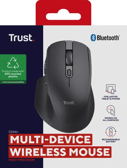 Trust Ratón Ozaa+ Inalámbrico RF y Bluetooth para Oficina, Hasta 3200 DPI, 6 Botones Silenciosos, Carga USB-C, Recargable, Negro