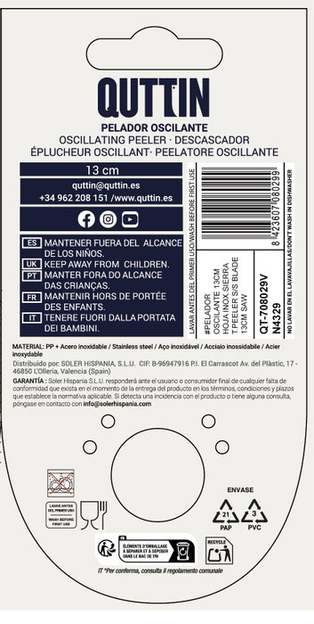 Quttin Pelador Oscilante 13 cm Hoja Inoxidable Practic (24 Unidades)