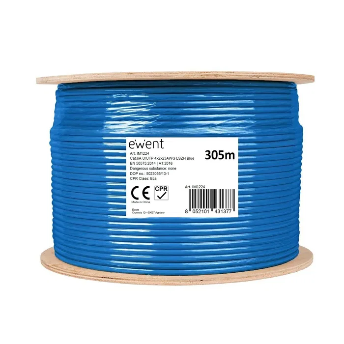 Ewent IM1224 Cable de Red Ethernet 305m Cat6a U/UTP (UTP), 500MHz, 10GbE, Compatible PoE, Conductor de Cobre Sólido 23AWG, Chaqueta LSZH Azul, CPR Eca, Rollo de Madera