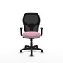 Silla de oficina Alocén con mecanismo Sincro tapizada con Tela color Rosa y malla color Negro. Equipada con lumbar 1D, Brazos 1D y Ruedas de parqué