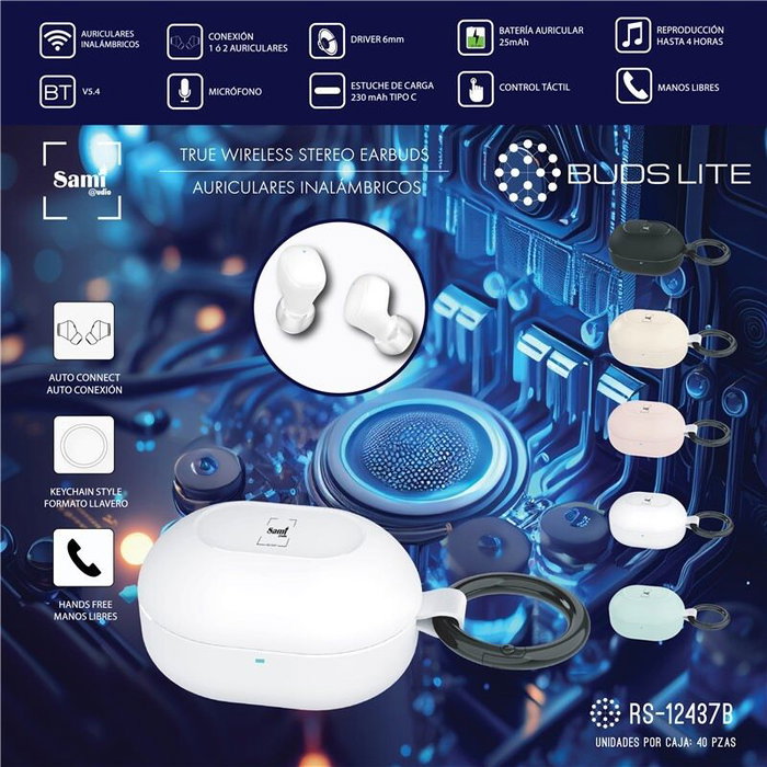 SAMI Auriculares Inalambricos TWS Buds Lite Bluetooth Blanco con Mini Llavero y Bateria de 25 mAh