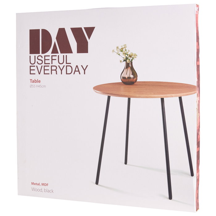 Day Mesa auxiliar redonda Day diámetro 55 cm altura 45 cm, tabla de MDF con cobertura de PVC, patas negras mate