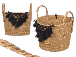 Giftdecor Macetero de Mimbre Macramé con Pompones Negro Pequeño 25x29x25 cm (Set de 8)