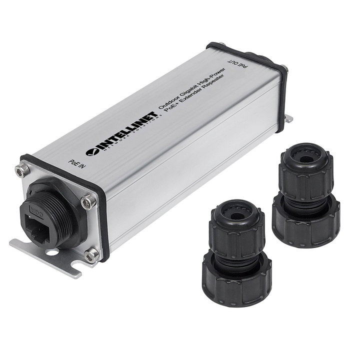 Intellinet Extensor Repetidor PoE+ Gigabit Exterior de Alta Potencia IP65, Distancia hasta 100m, IEEE 802.3at/af, 2 Puertos RJ-45, Para Entornos Exteriores y Demanding