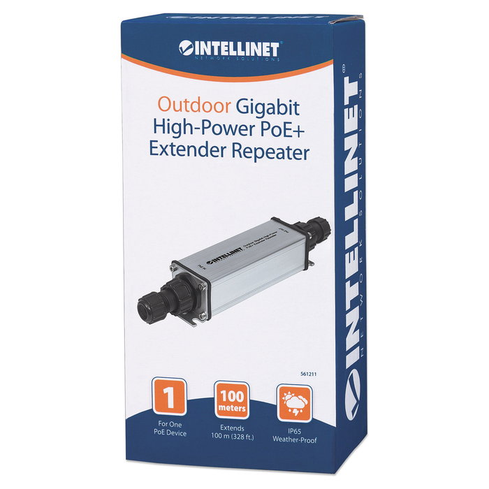 Intellinet Extensor Repetidor PoE+ Gigabit Exterior de Alta Potencia IP65, Distancia hasta 100m, IEEE 802.3at/af, 2 Puertos RJ-45, Para Entornos Exteriores y Demanding