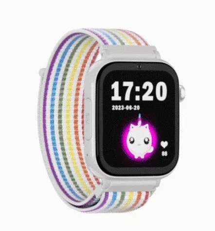 Savefamily Smartwatch con caja blanca y correa de tela de unicornio