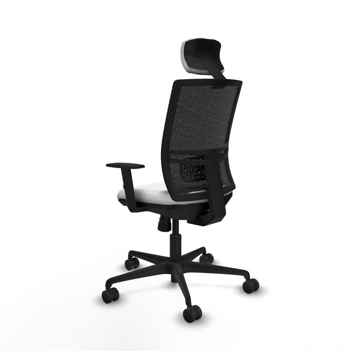 Silla de oficina Yunquera con mecanismo Sincro tapizada con Tela color Blanco y malla color Negro. Equipada con lumbar 1D, Brazos 1D, Cabecero 1D y Ruedas 65mm nailon