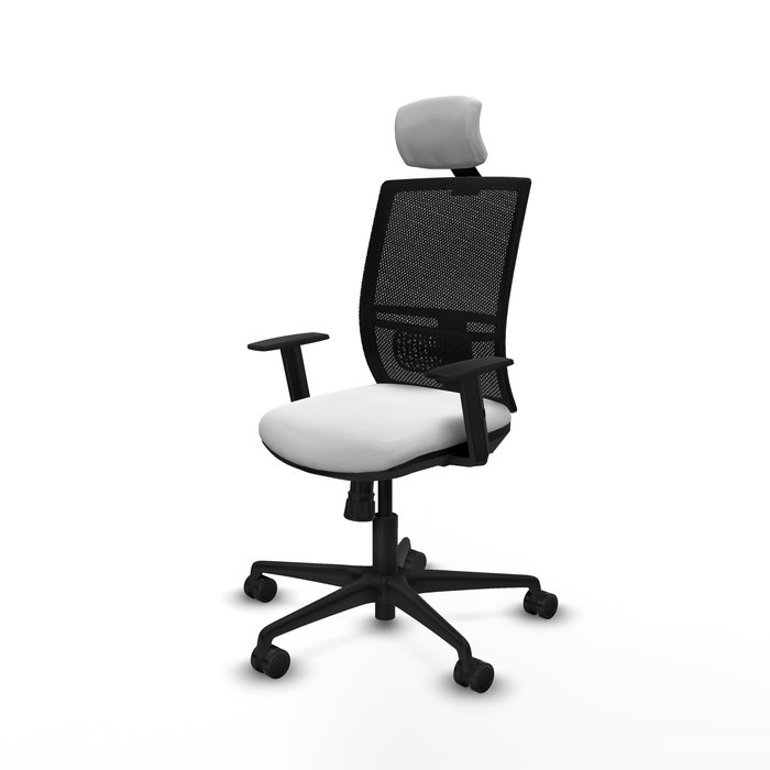 Silla de oficina Yunquera con mecanismo Sincro tapizada con Tela color Blanco y malla color Negro. Equipada con lumbar 1D, Brazos 1D, Cabecero 1D y Ruedas 65mm nailon