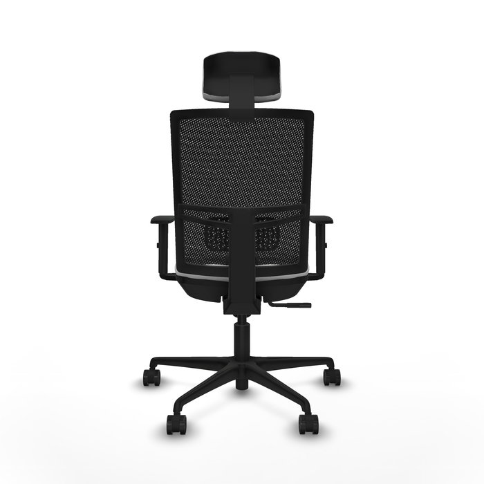 Silla de oficina Yunquera con mecanismo Sincro tapizada con Tela color Blanco y malla color Negro. Equipada con lumbar 1D, Brazos 1D, Cabecero 1D y Ruedas 65mm nailon
