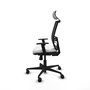 Silla de oficina Yunquera con mecanismo Sincro tapizada con Tela color Blanco y malla color Negro. Equipada con lumbar 1D, Brazos 1D, Cabecero 1D y Ruedas 65mm nailon