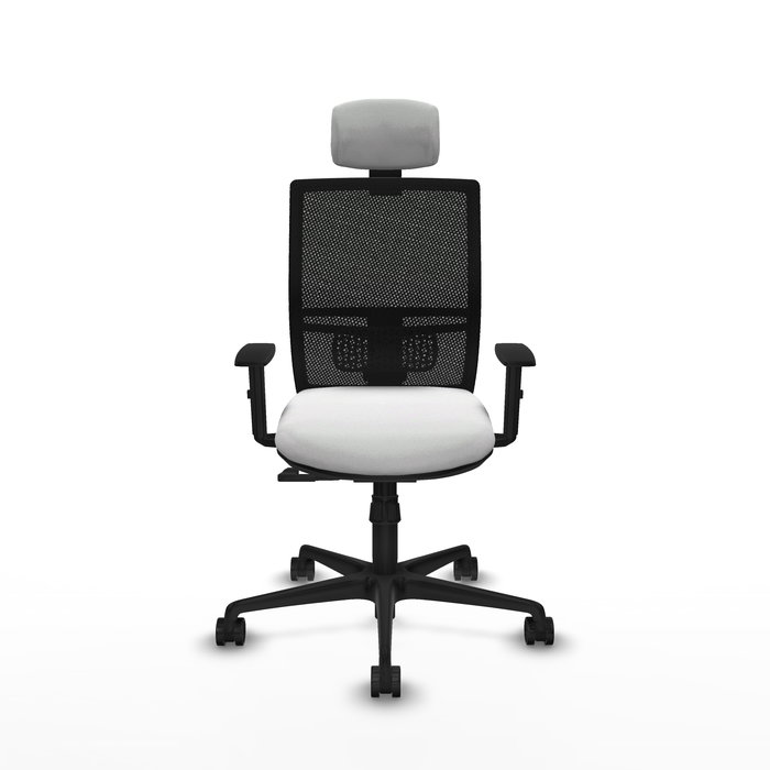 Silla de oficina Yunquera con mecanismo Sincro tapizada con Tela color Blanco y malla color Negro. Equipada con lumbar 1D, Brazos 1D, Cabecero 1D y Ruedas 65mm nailon